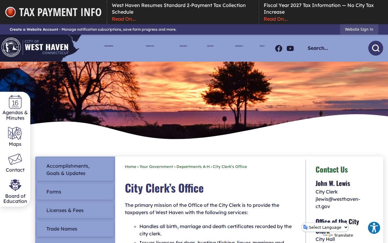 West Haven County City Clerk records office page