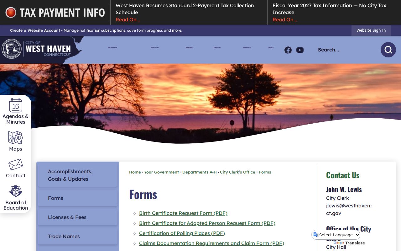 West Haven County City Clerk records forms page