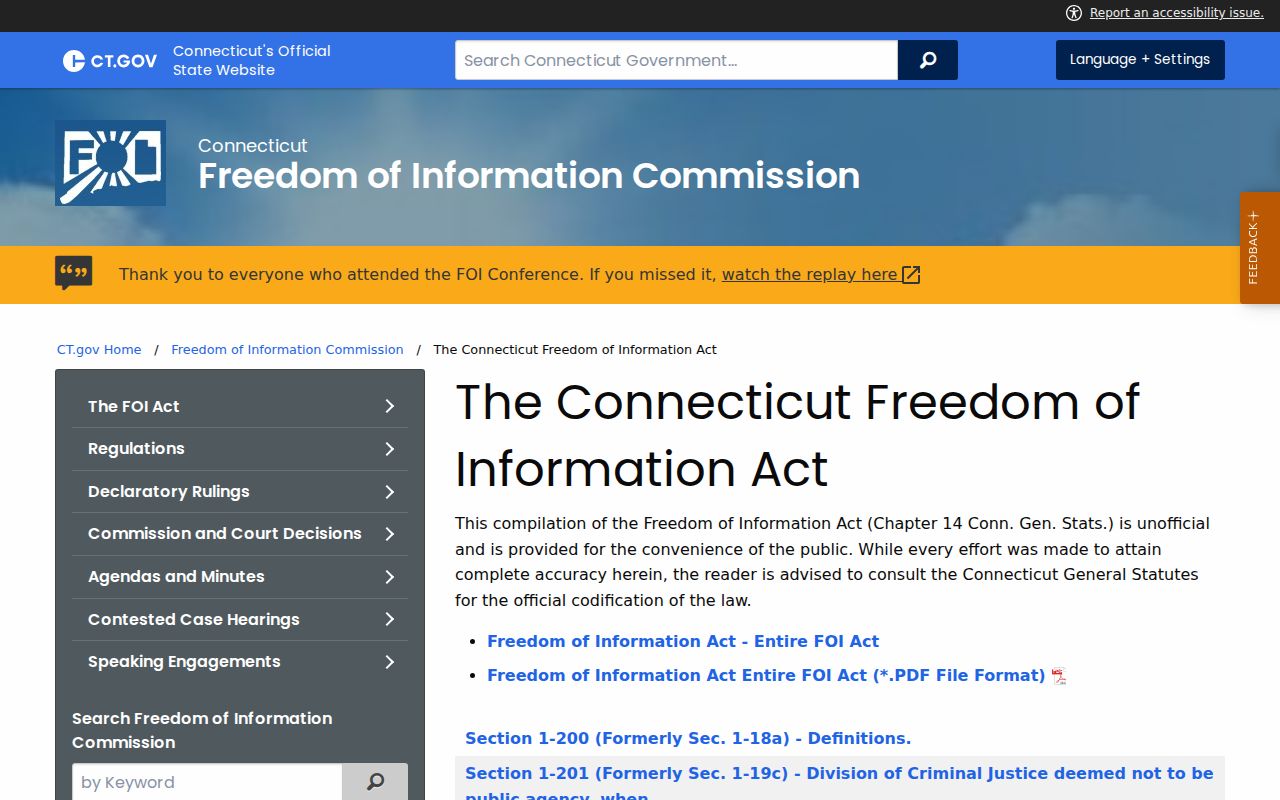 West Haven County public court records Connecticut FOI Act