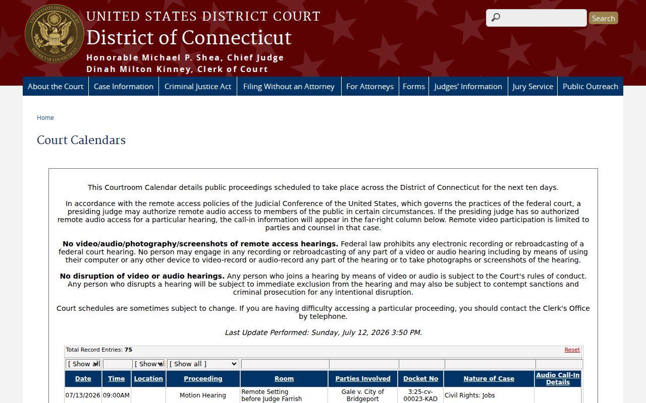 West Haven County federal court records District of Connecticut calendars