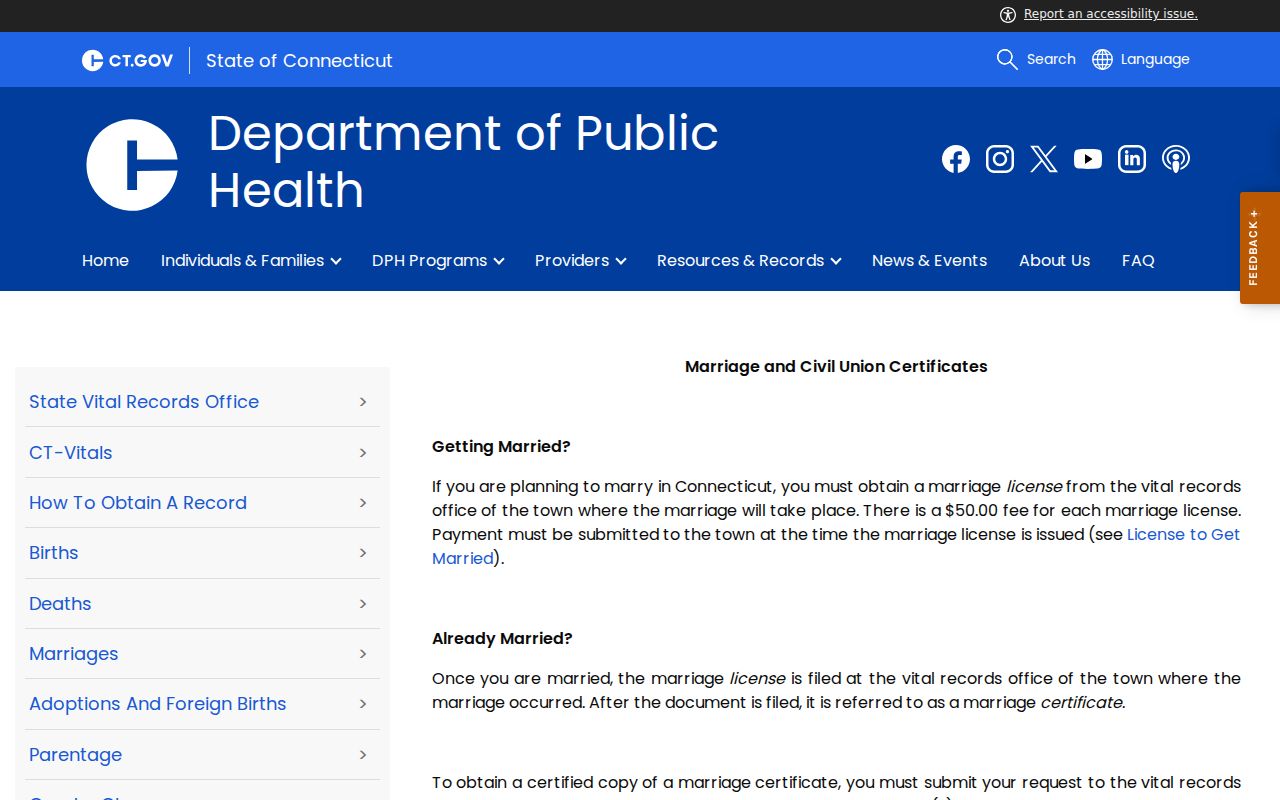 West Haven County marriage records Connecticut DPH marriage and civil union certificates page