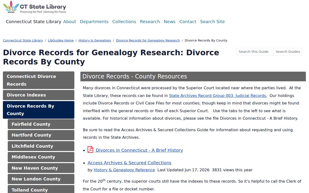 West Haven County divorce records Connecticut State Library county divorce guide