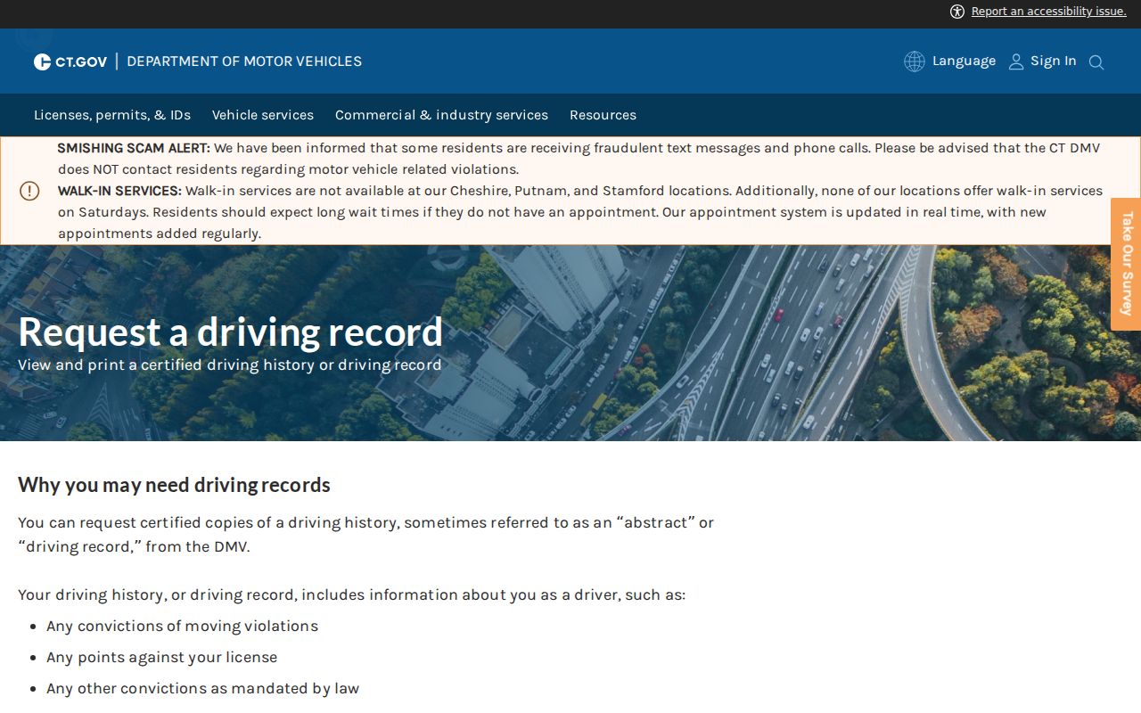 West Haven County traffic records Connecticut DMV driving record request page