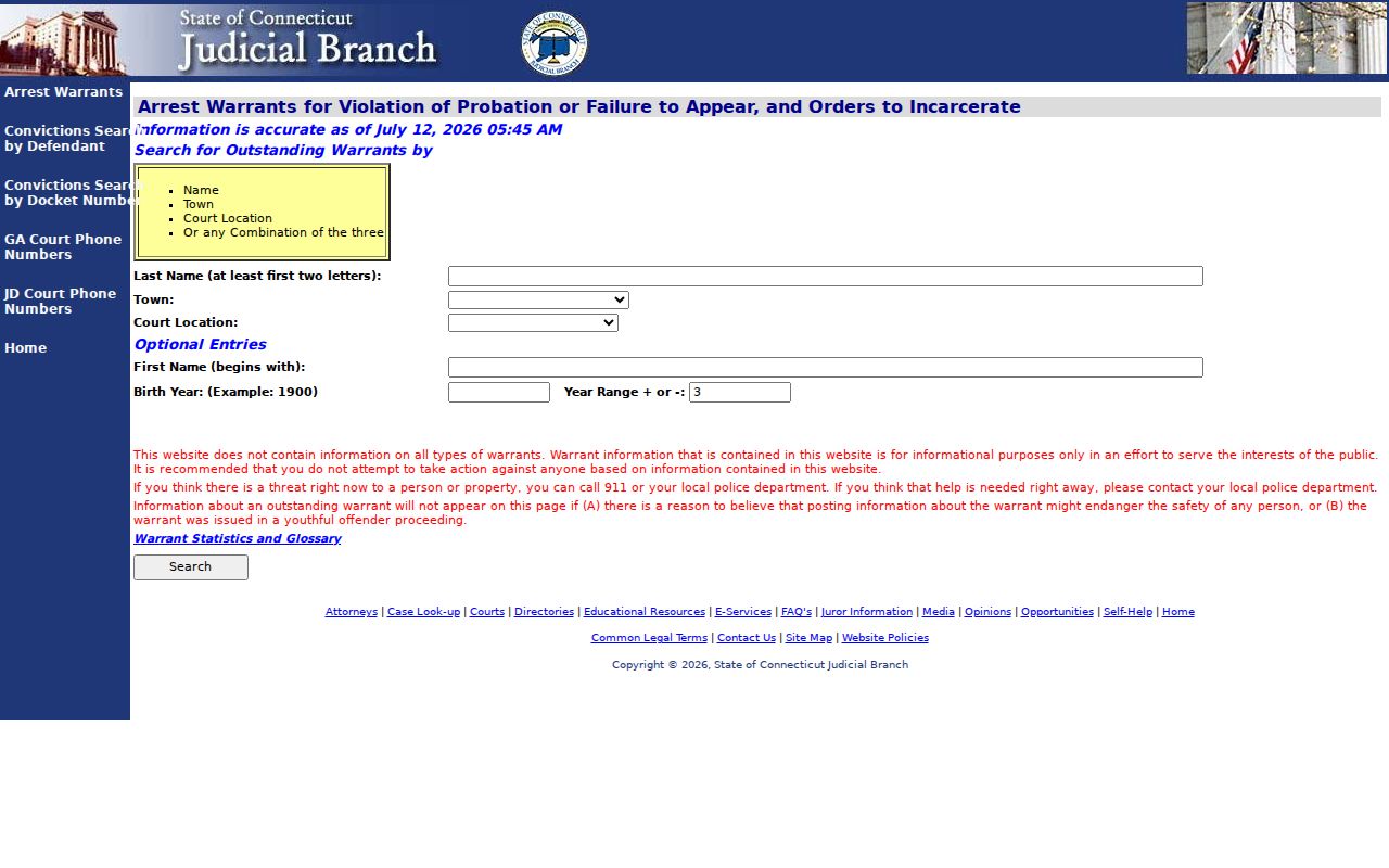 West Haven County warrant search through Connecticut Judicial Branch warrant records